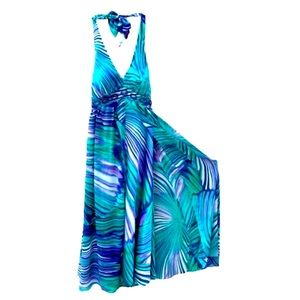 Robbie Bee satiny maxi halter dress with split sheer overlay, blue/green Size 8